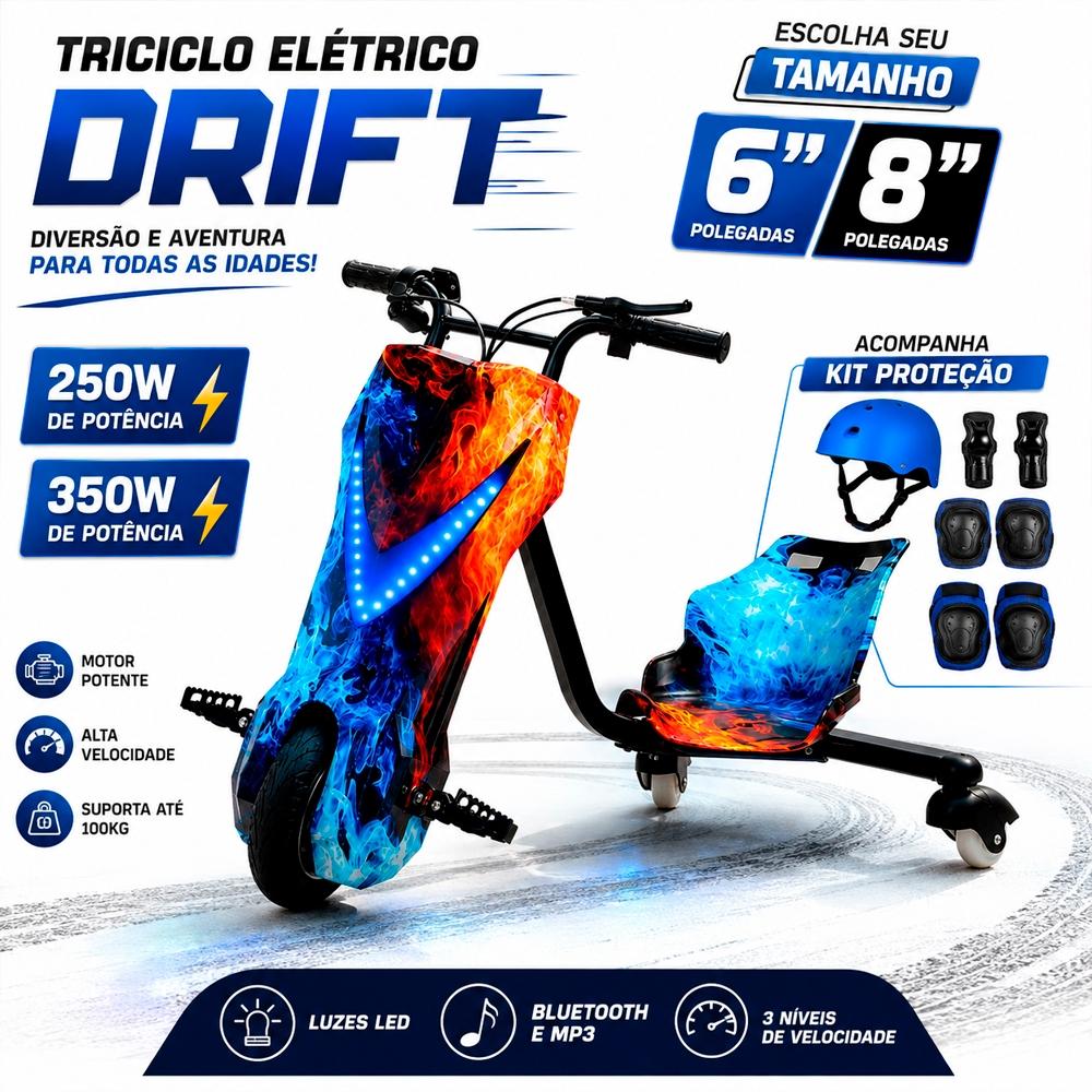 Patinete Elétrico 8" Poleg. 3 Rodas Triciclo Infantil 3 Drift 250w Com Bluetooth MP3