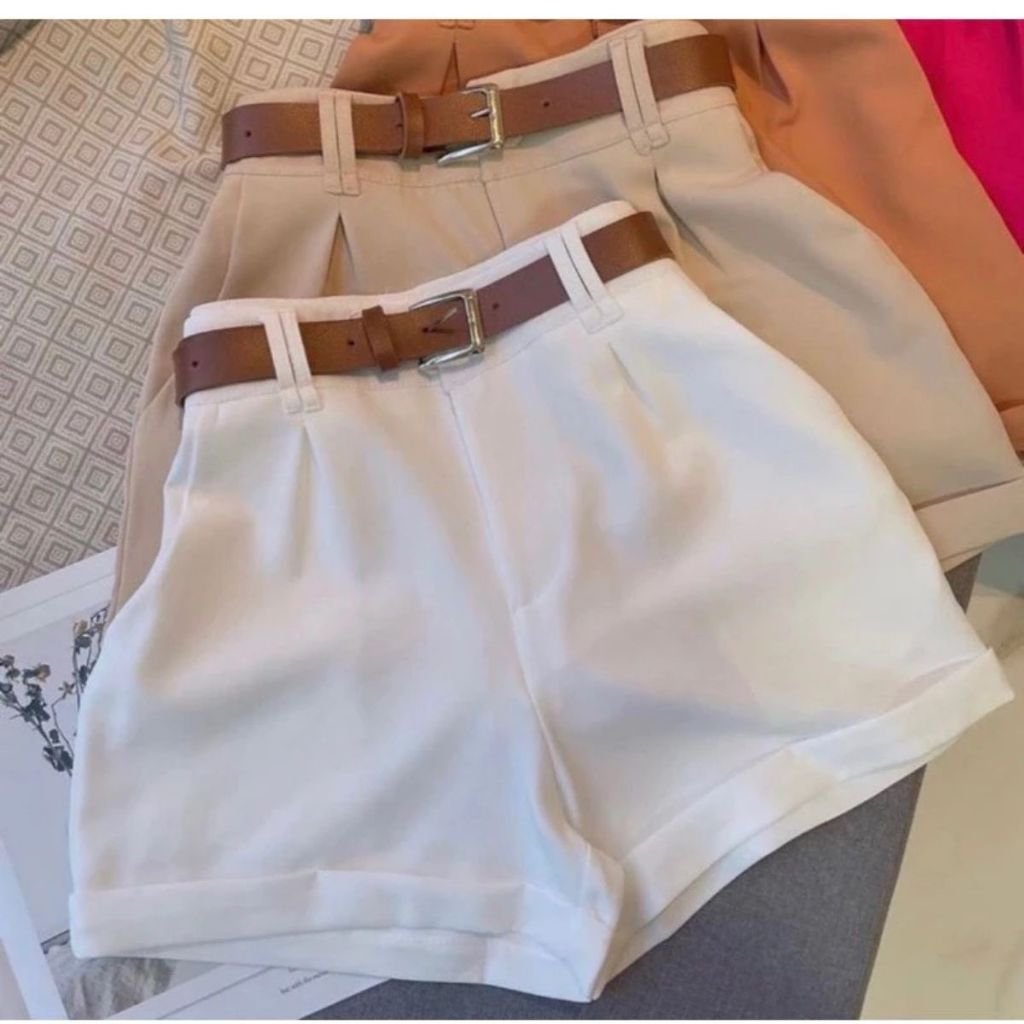 Short Alfaiataria Feminino Social Com Cinto Cintura Alta 