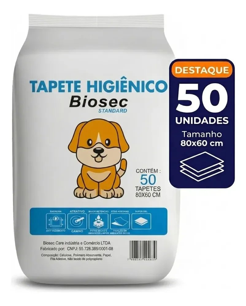 Tapete Higiênico 50 Unidades 80x60 biosec descartável para cachorro pet cão absorvente manta fralda com fita adesiva antiodor