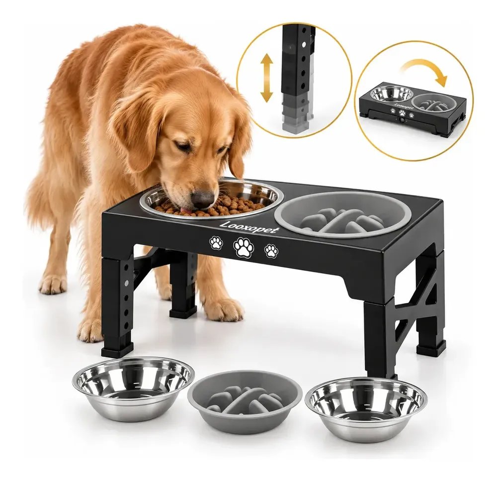 Comedouro Bebedouro Elevado Cães Duplo Lento Inox Grandes Ajustável Looxopet Preto