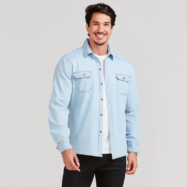 Camisa Jeans Masculina Social Slim Manga Longa