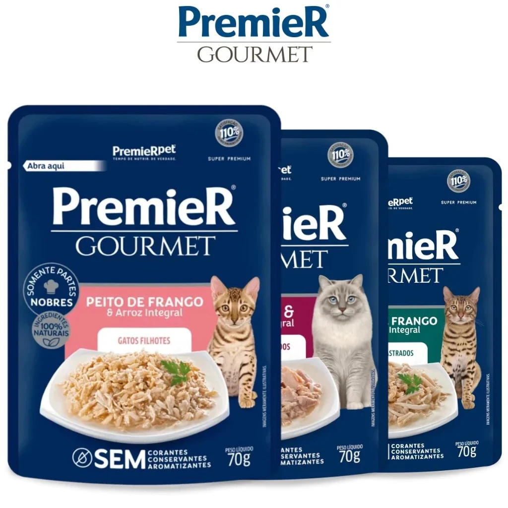 Kit 10 ou 20 Sachês Premier Gourmet Gatos Castrados Atum, Peito de Frango, Carne e Filhotes