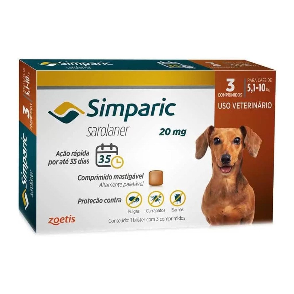 Antipulgas Para Cães Simparic 20mg De 5,1-10kg 3 Comprimido