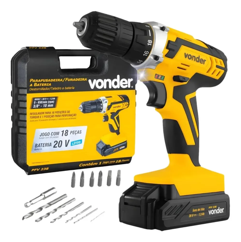 Parafusadeira E Furadeira Bateria 20v Vonder Pfv 238 Bivolt Amarelo/preto 50/60 Hz