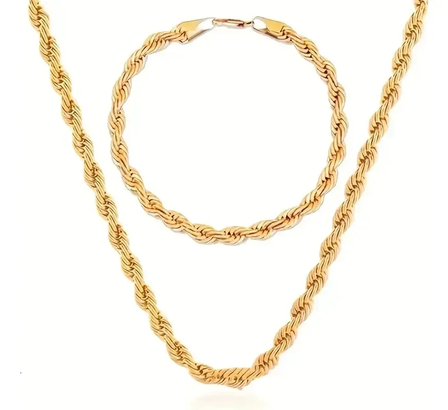 Kit Corrente Baiano Dourado Em Aço Inox + Pulseira Aço Inox Dourado