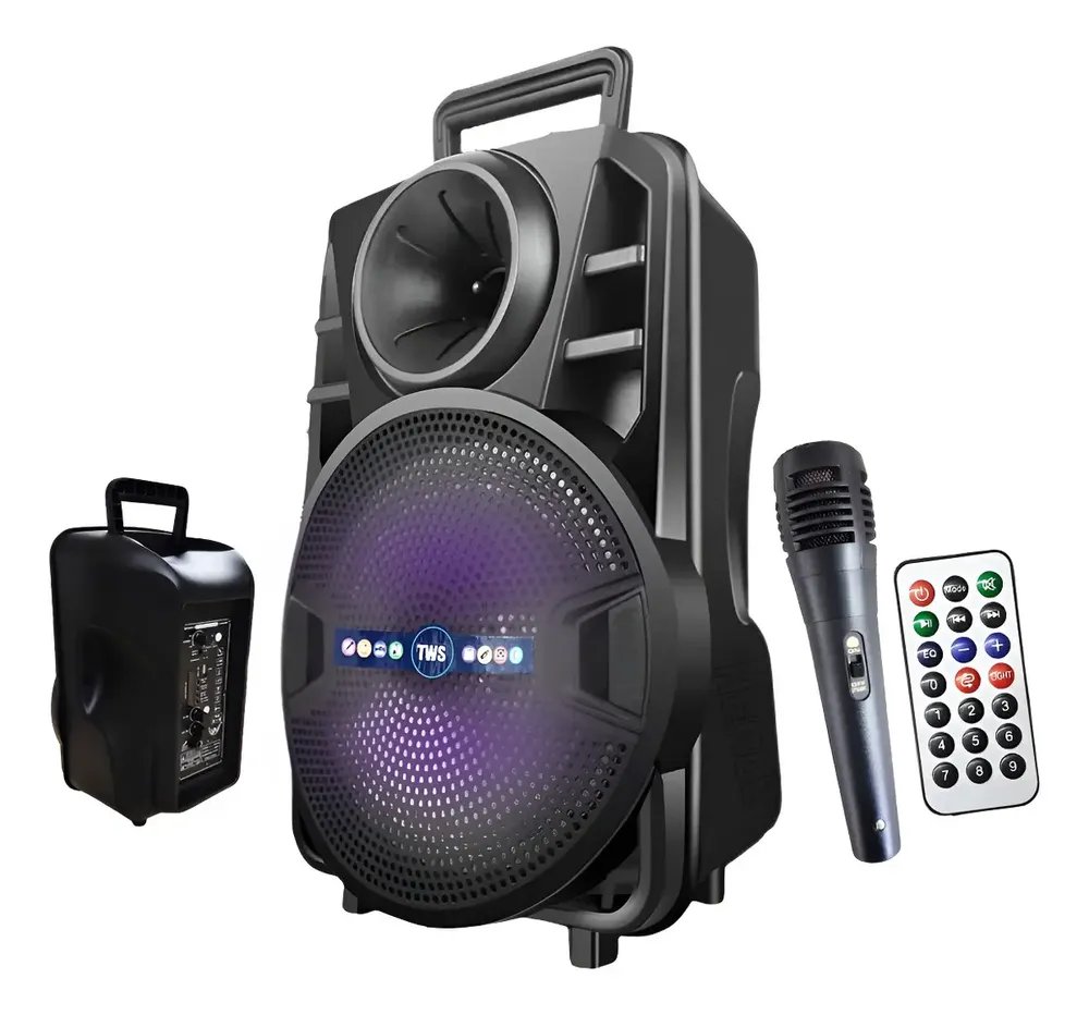 Caixa de Som Bluetooth Portátil 1000W com Microfone e Suporte Preto