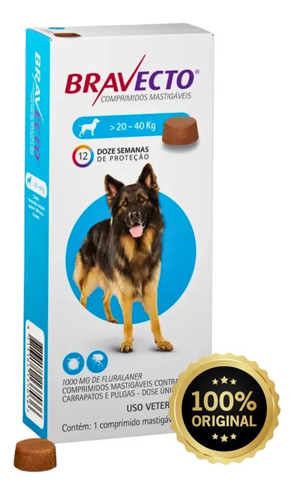 Bravecto 1000mg Cães 20 A 40kg Antipulgas Original Azul