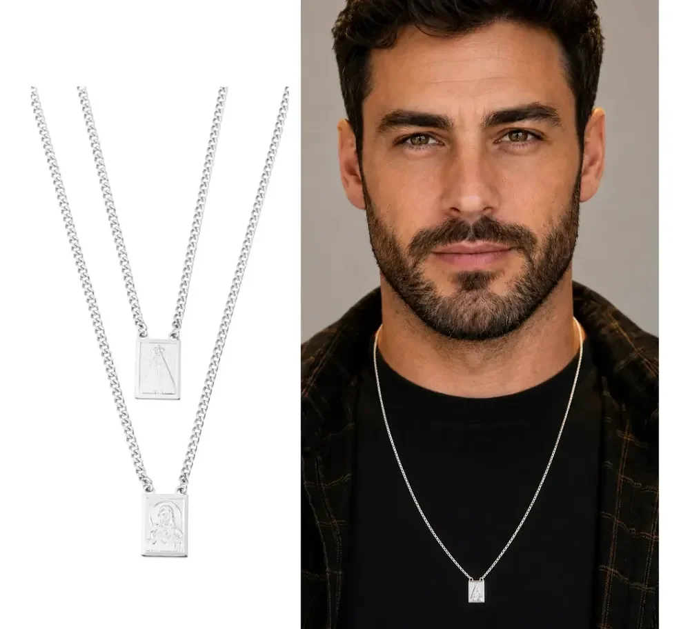 Escapulário De Prata 925 Banhado Masculino Cordão Grumet Cor Prateada Nossa Senhora Aparecida E Sagrado Coração De Jesus Marca Andreia Branco Acessórios