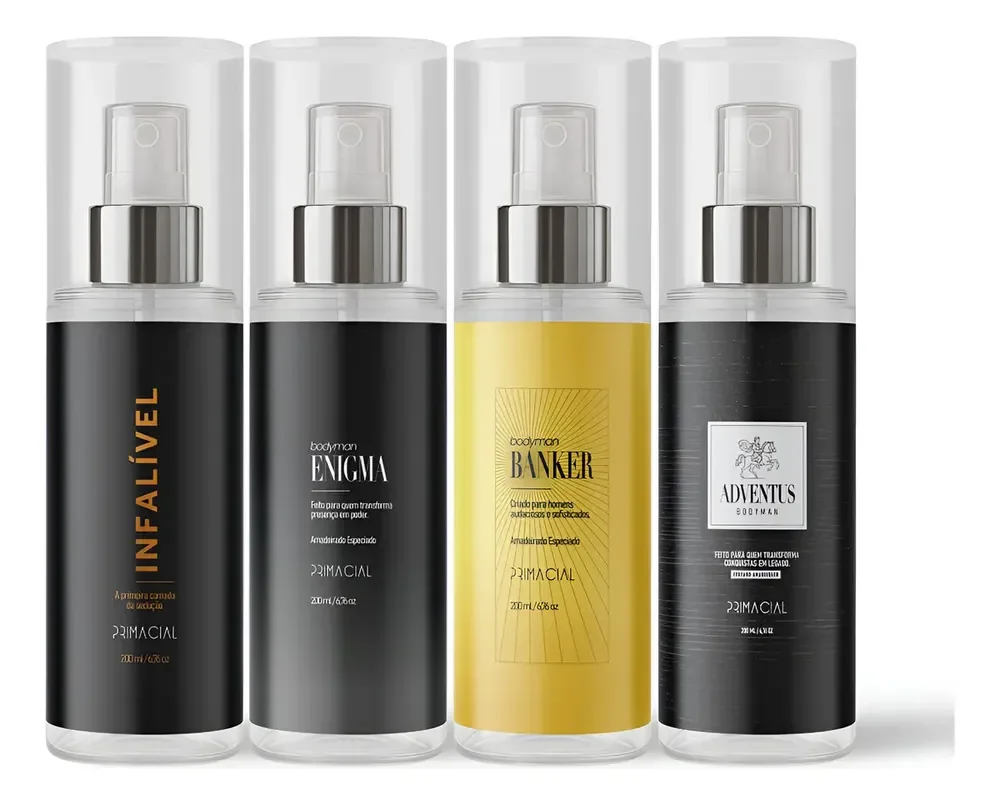 KIT BODY SPLASH MASCULINO INFALIVEL + ENIGMA + BANKER + ADVENTUS 200ML - PRIMACIAL PERFUME AMADEIRADO