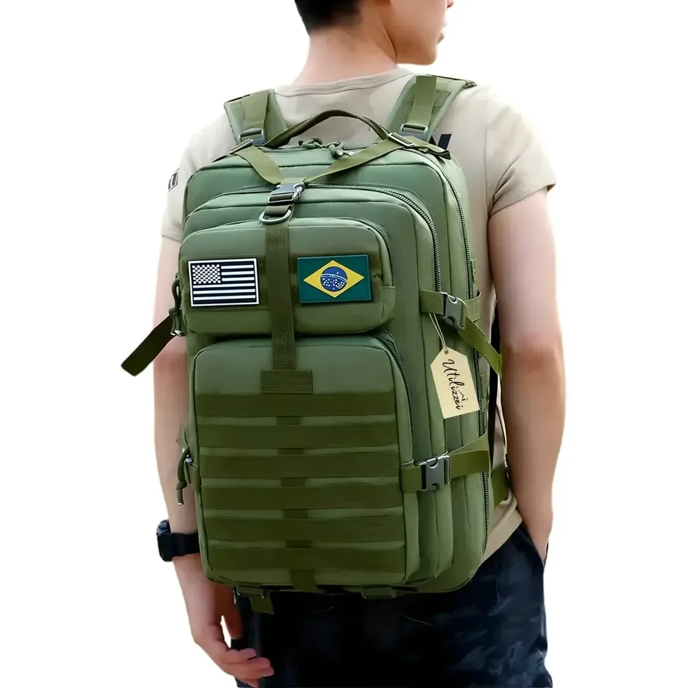 Mochila Militar Tática Impermeável Reforçada Bolsa Grande Viagem Assault Resistente Utilizzei Verde Brasil/eua