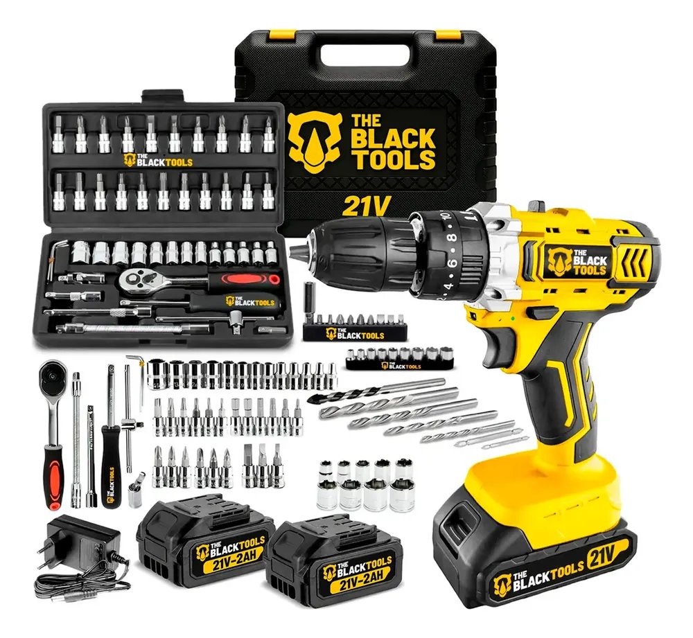 Furadeira Parafusadeira De Impacto 2 Baterias 21v + 46 Peças Amarelo 110v/220v 60hz