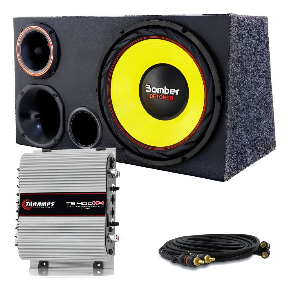 Caixa Trio Carro Som Bomber Detoner Amarelo + Modulo Taramps