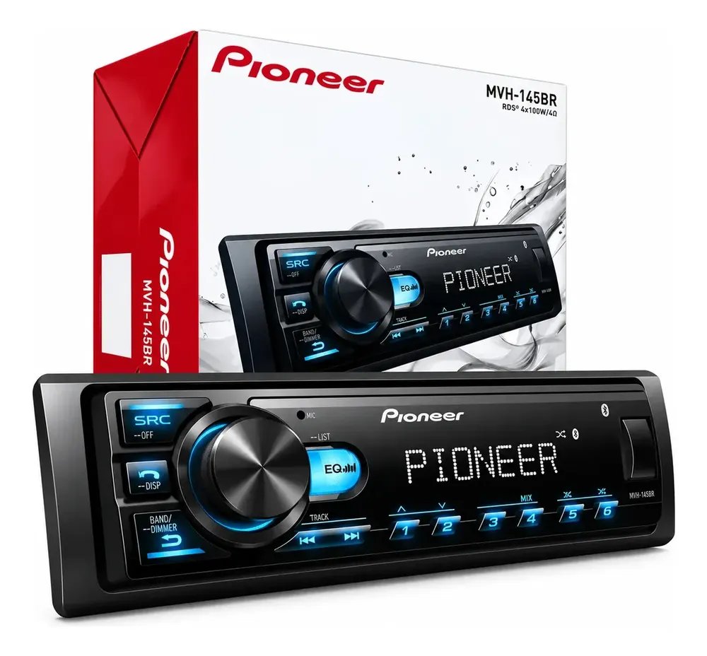 Rádio Pioneer Bluetooth 5.4 Automotivo MVH-145BR USB MP3 FM FLAC 1 DIN 4x23W RMS