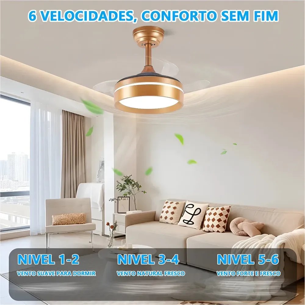 Ventilador De Teto 127/220v Silencioso Bivolt Retrátil Led 30 Cm 60 Hz Dourado-escuro 127/220v Transparente Policarbonato 3
