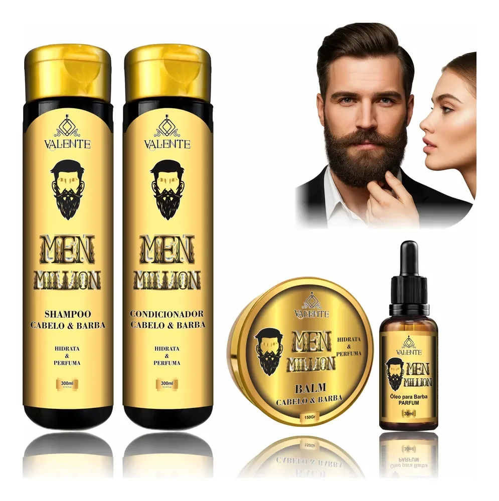 Kit Men Valente Shampoo Balm Óleo Barba Higiene Barbearia
