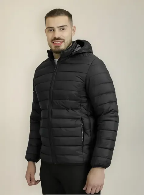 Jaqueta Masculina Casaco Nylon Puffer Preta Com Capuz Touca