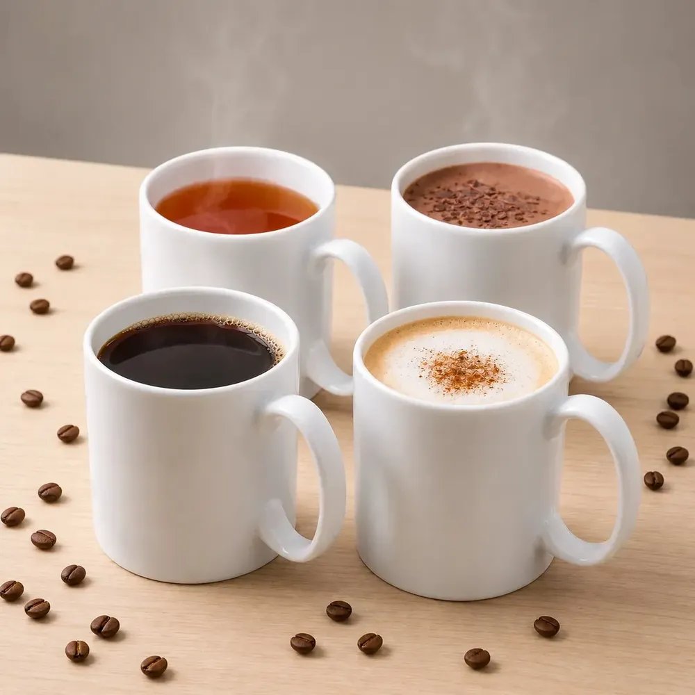 Kit 4 Caneca De Porcelana Reta 300ml Branca - Café Chá Capuccino
