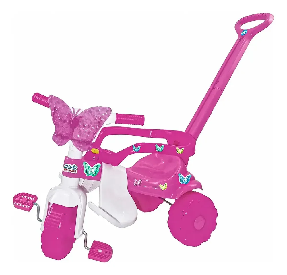 Triciclo Infantil Magic Toys Butterfly Rosa com Alça e Cesto
