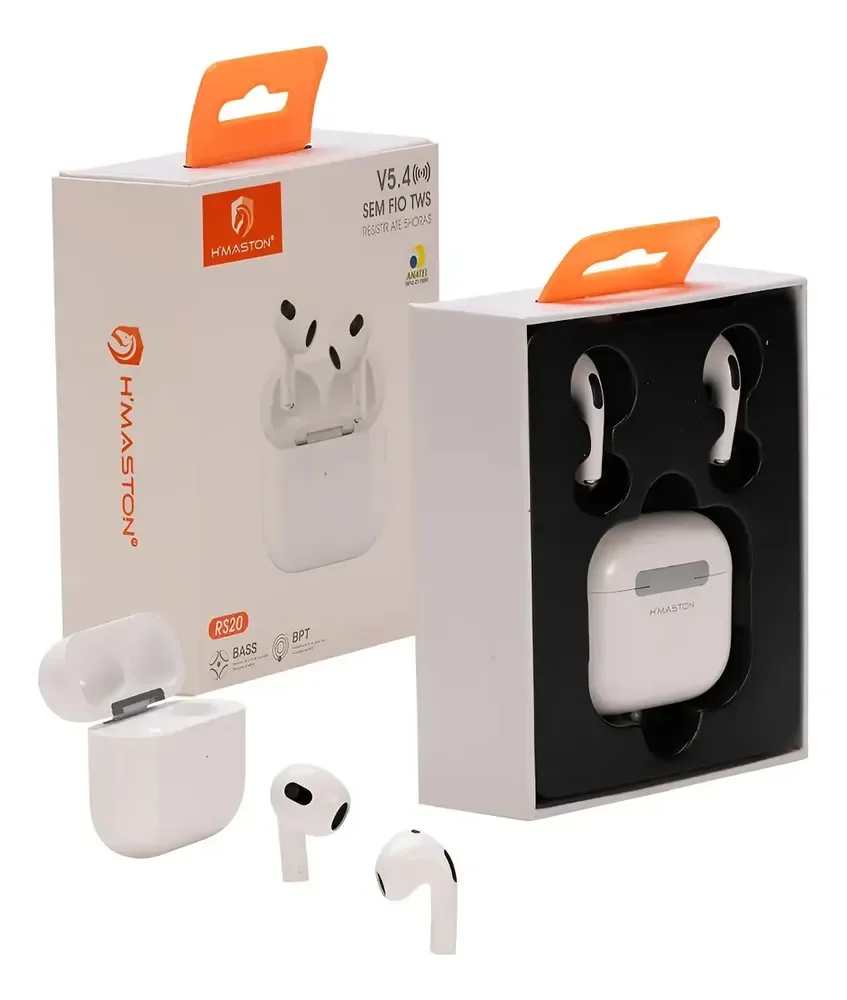 Fone Bluetooth In-ear Rs20 Hmaston Ipx4 Bateria 5h Celular Branco