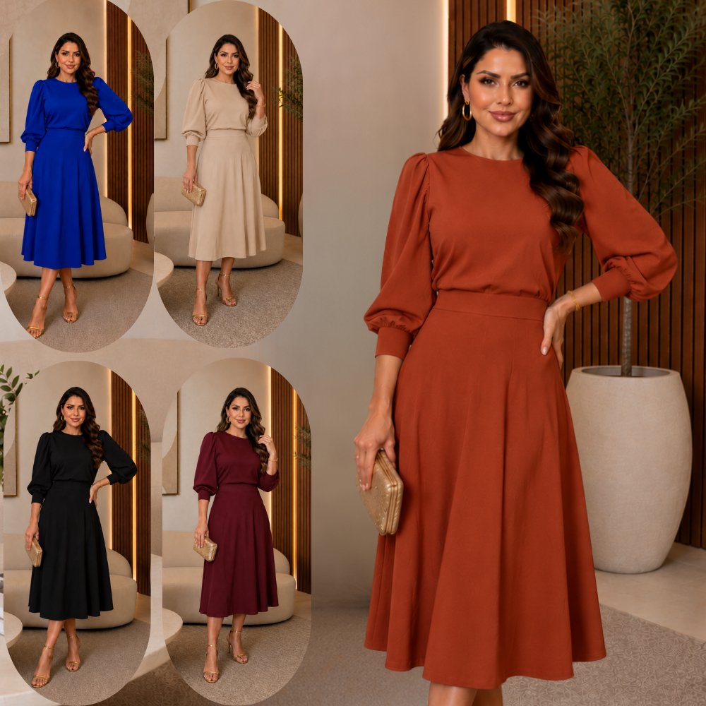 VESTIDO FEMENINO MIDI RODADO CREPE DE MALHA MANGA 3/4 BUFANTE MODA EVANGELICA CASUAL ELEGANTE FESTA