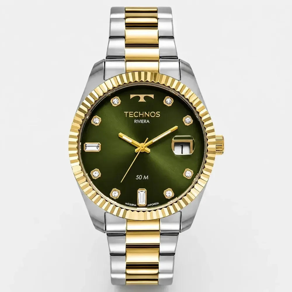 Relógio Technos Masculino Riviera Social Analógico Aço Cor da correia Misto Cor do bisel Dourado Cor do fundo Verde