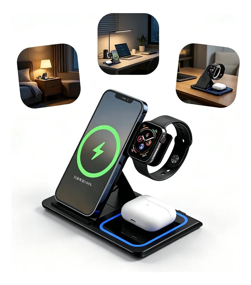 Carregador Sem Fio 3 Em 1 Dock Station Para AirPods iPhone  Preto