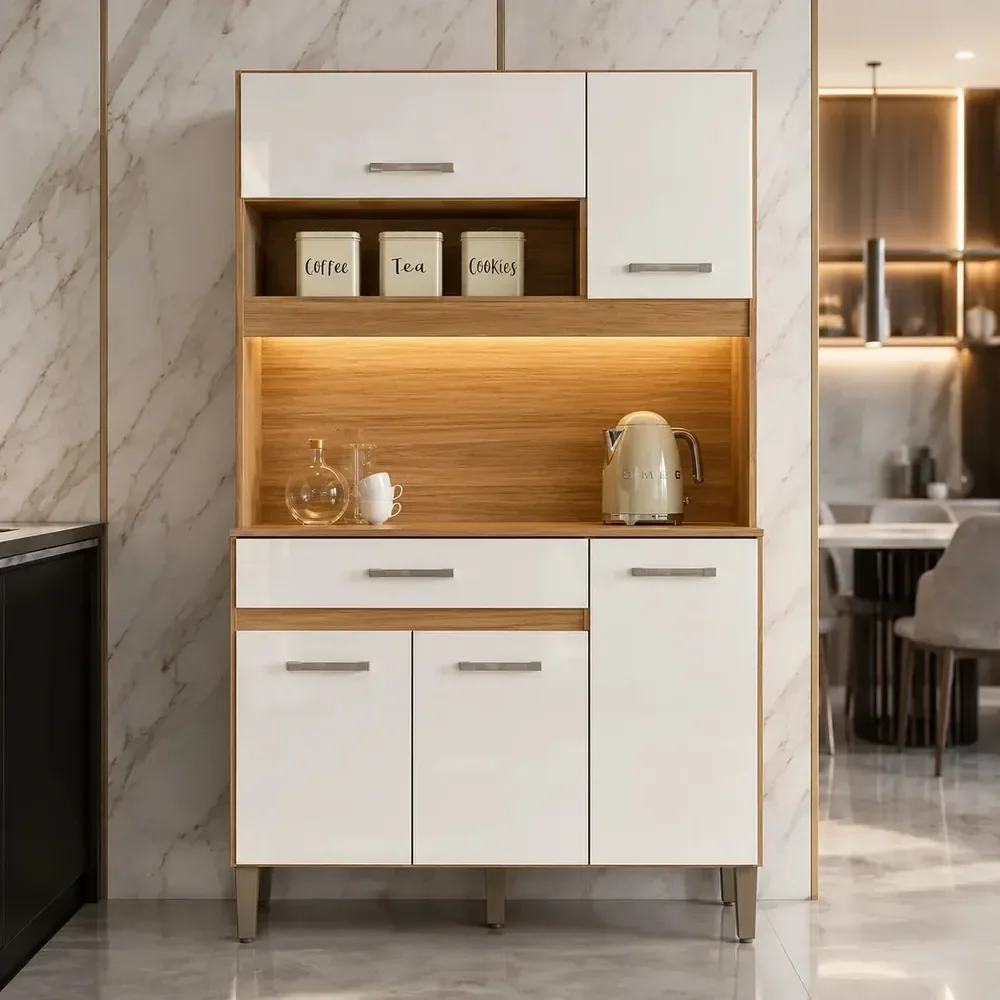Kit Armário De Cozinha Compacto Magazine Com 5 Portas E 1 Gaveta Multiuso E Bancada Multifuncional Organizador Design Moderno Cor Freijó Off White Freijó/off White Cristal
