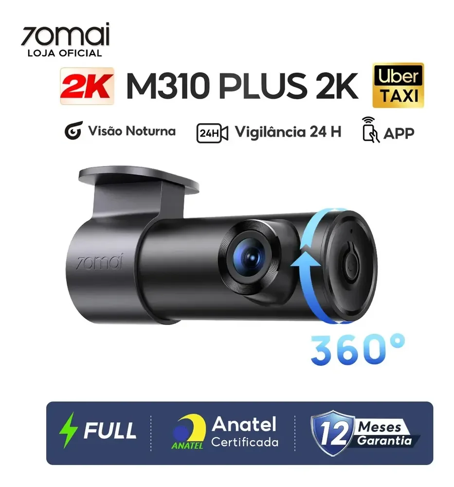 Câmera Veicular Automotiva 70mai M310 plus 2k Dash Cam Visão Noturna Controle Voz 360° Com WDR F1.55 App Wifi Monitoramento de Estacionamento 24h Sensor G Camera Carro para Uber Taxi Fácil Instalação