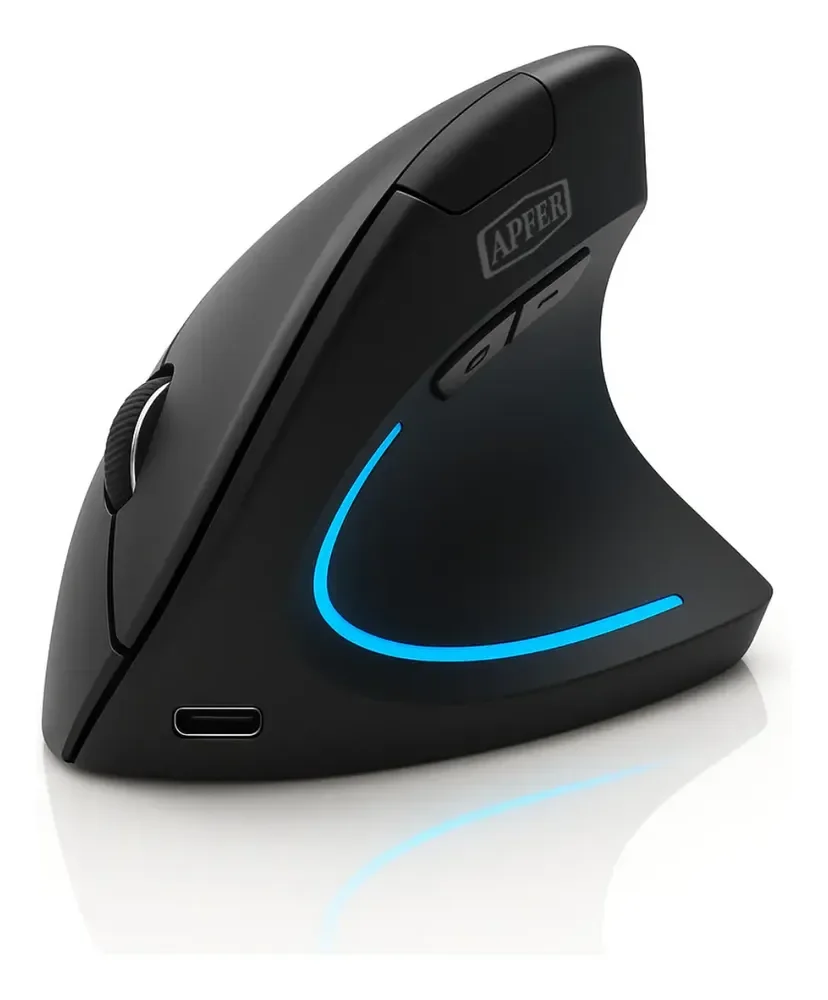 Mouse Vertical Ergonômico Sem Fio Recarregável Bluetooth e USB 2.4G – RGB, Silencioso, DPI Ajustável, Reduz Tensão no Pulso, Portátil e Confortável – Compatível com Notebook, PC, Windows e Mac - Apfer