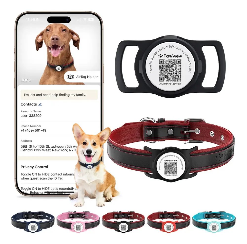 Coleira de Couro para Cães com Plaquinha QR e Capa para AirTag - PawView, Preta