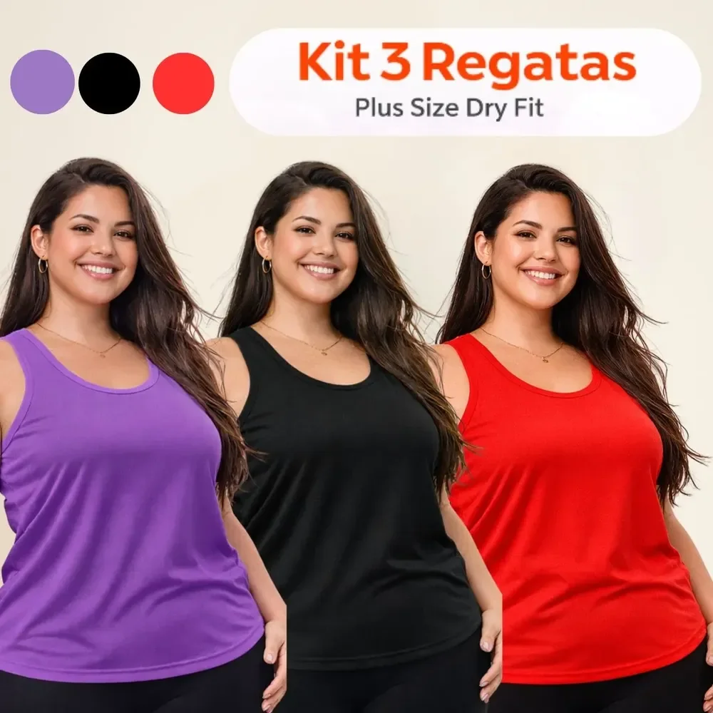 Kit 3 Regatas Plus Size Feminina Academia Treino Básica Kit 3 Lilás/preto/vermelho Liso G1
