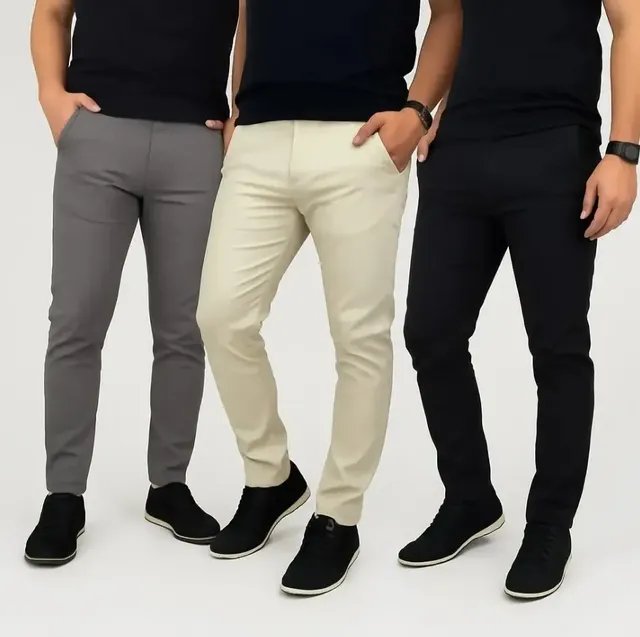 Kit 3 Calças Masculina Sarja Preto/cinza/areia  Sport Fino