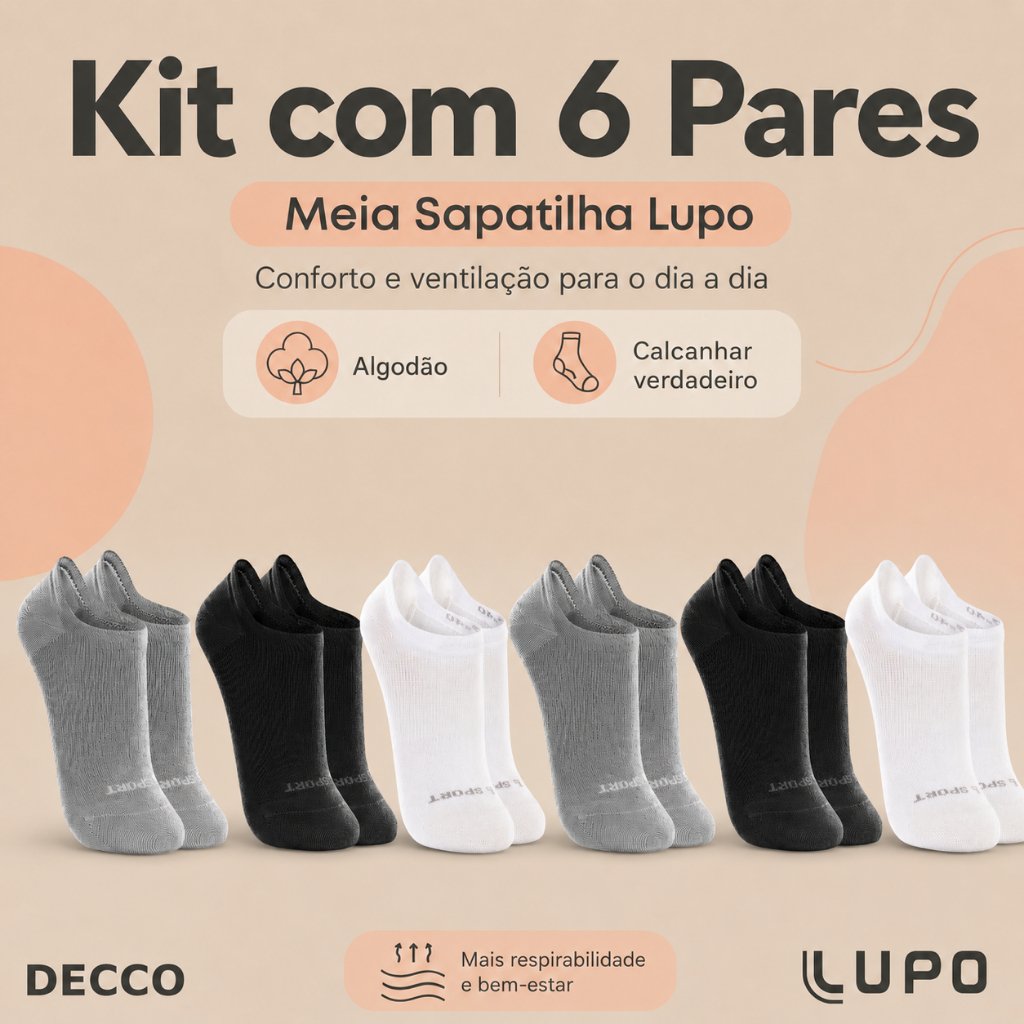Kit De 6 Pares Meias Cano Invisível Lupo Sport Algodão Soquete Sapatilha Unissex
