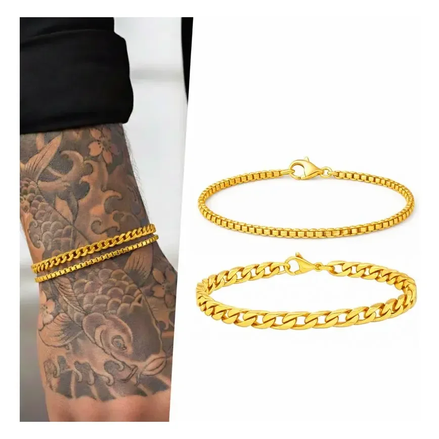 Kit 2 Pulseiras Masculinas Grumet Veneziana Banhadas A Ouro Dourado 21 Cm