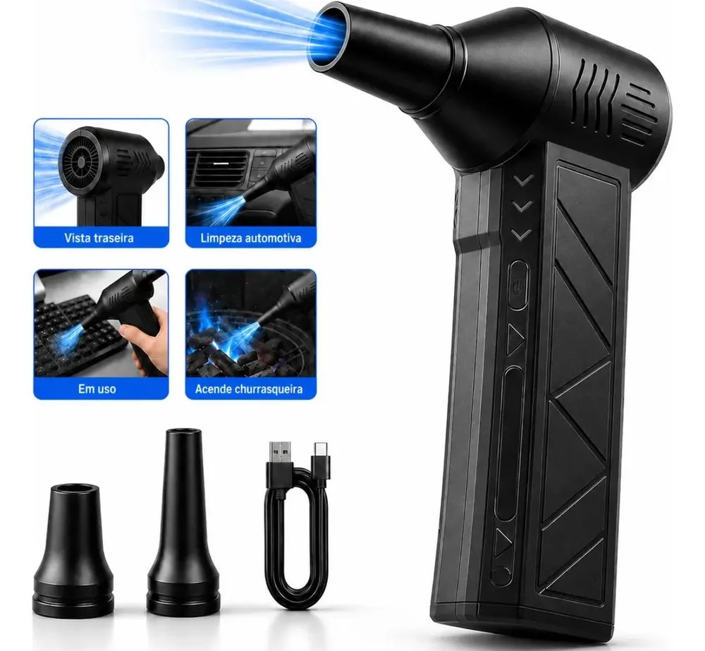 Soprador De Ar Mini Turbo Portátil Usb Sem Fio Recarregável Para Limpeza Com 2 Bicos E Inflar Preto Woosh