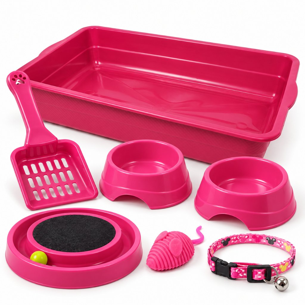 Kit Enxoval Gato Completo com Caixa de Areia 8L Arranhador Comedouro Bebedouro 150ml Brinquedo e Pá