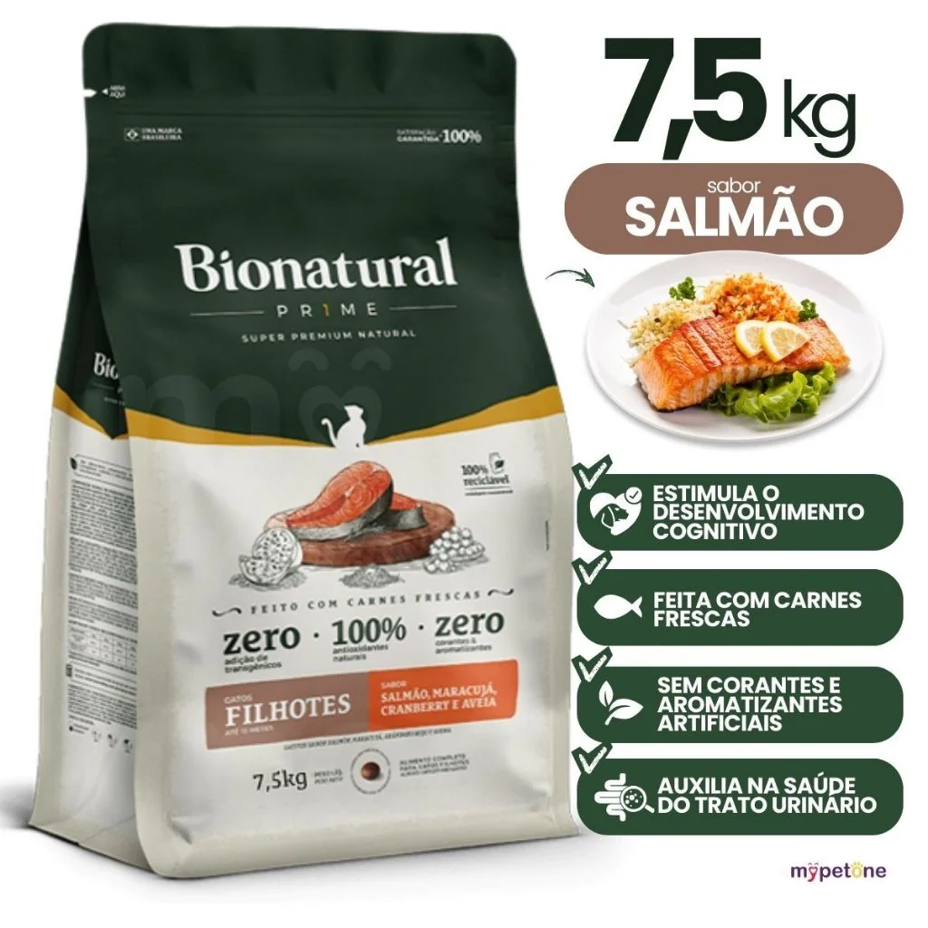 Ração Bionatural Prime para Gatos Filhotes Sabor Salmão 7,5kg Nutrição Completa