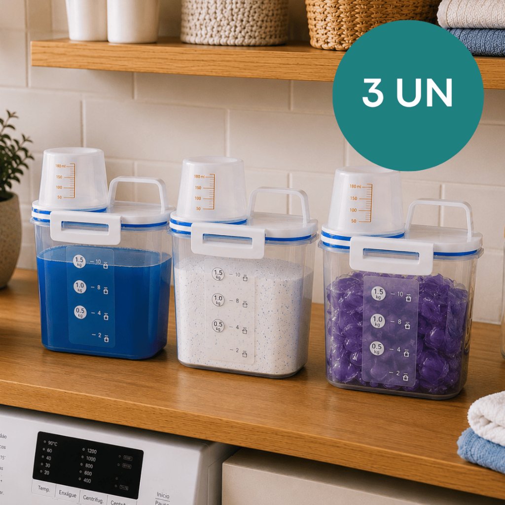 - Kit 3 Pote Hermético 1,5 L C/ Bico Dosador Porta Sabão em Pó/Sabão Líquido/Amaciante Compacto Lavanderia Organizador