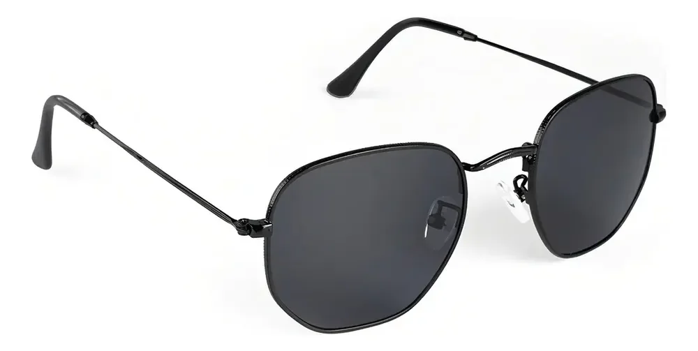 Óculos De Sol Clássico Preto Hexagonal Harbor Black Uv400 Desenho Espelho