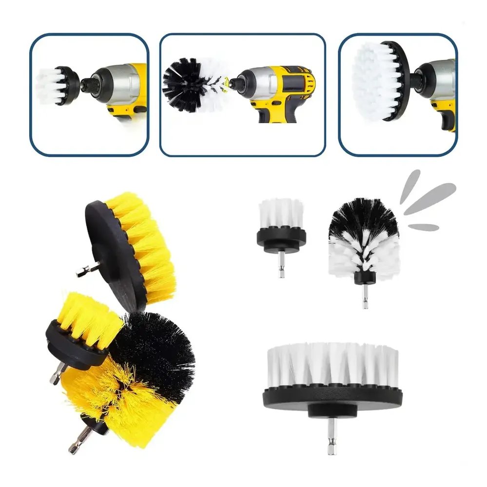 Escova P/ Lavar Sofas Tecidos Couros 3 Pçs Uso Parafusadeira Kit 3 Escovas Para Limpeza Cerdas Branca ( Soft Macio )