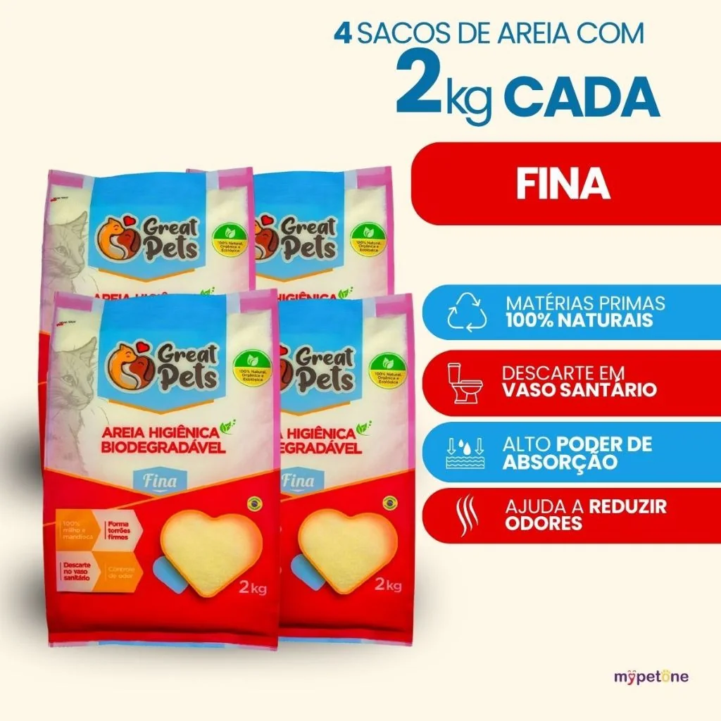 Kit 4 Areia Biodegradável Fina 2 Kg para Gatos - Great Pets