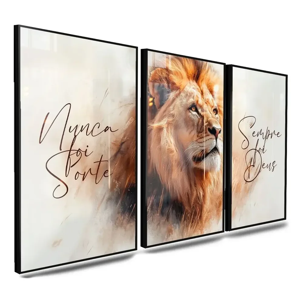 Quadros Decorativos Leao Nunca Foi Sorte Sempre Foi Deus 4k Laranja-escuro Branco