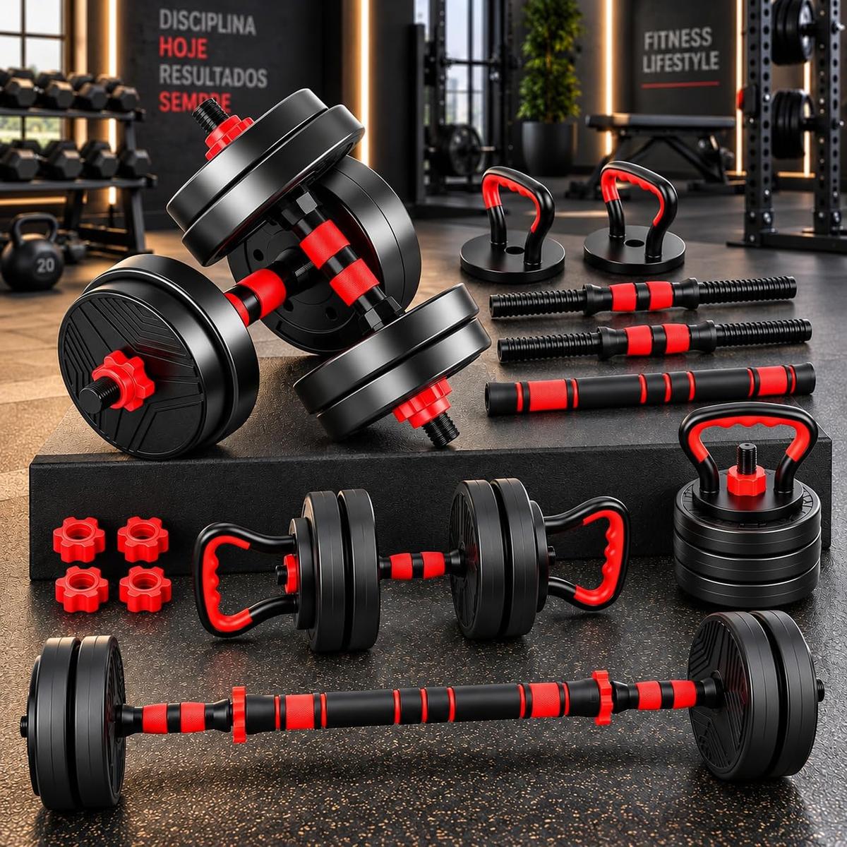 Kit Halteres Ajustáveis 6 em 1 com Barra Extensora Kettlebell Pesos até 15kg Musculação Academia Treino em Casa Modelo Premium