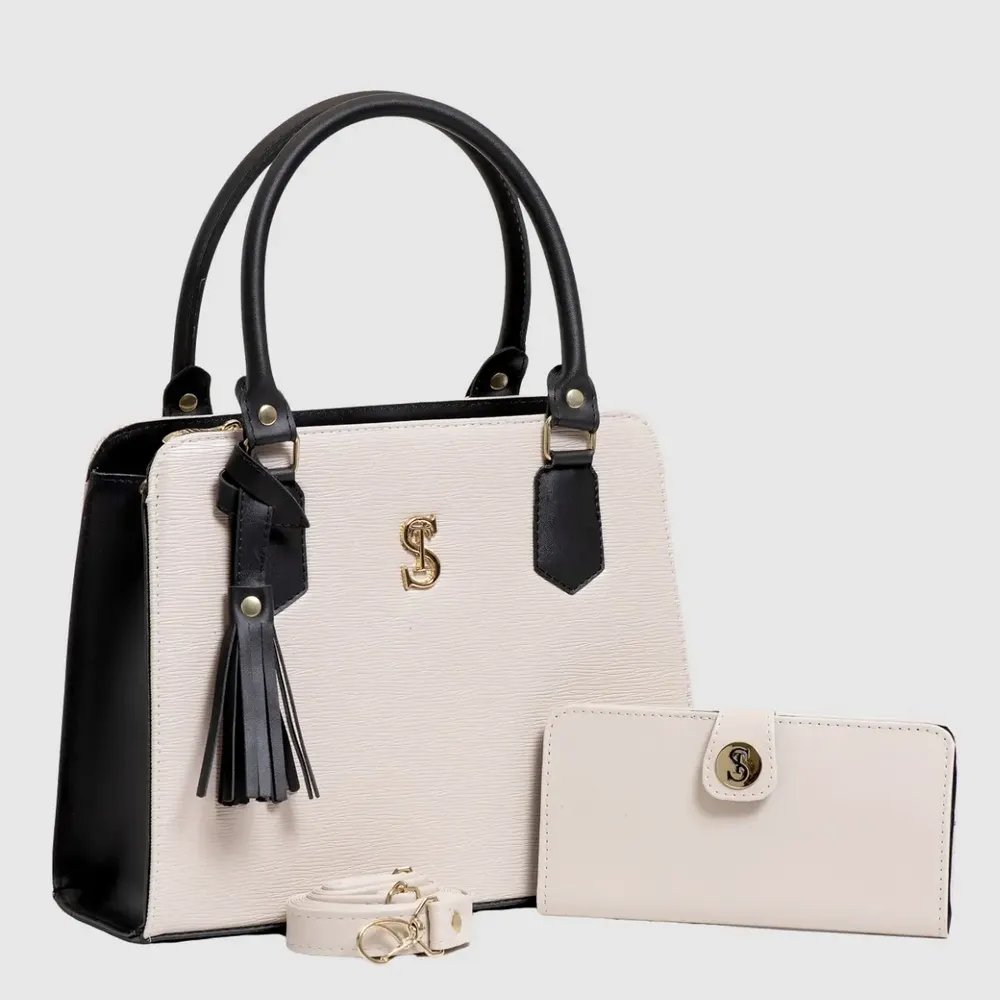 Bolsa Feminina Transversal Media Com Carteira Creme/preto