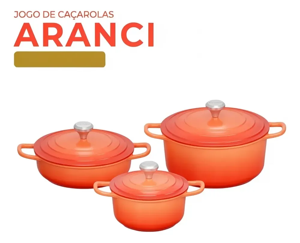 Jogo De Panelas 3 Caçarolas Indução Antiaderente Ceramica Laranja
