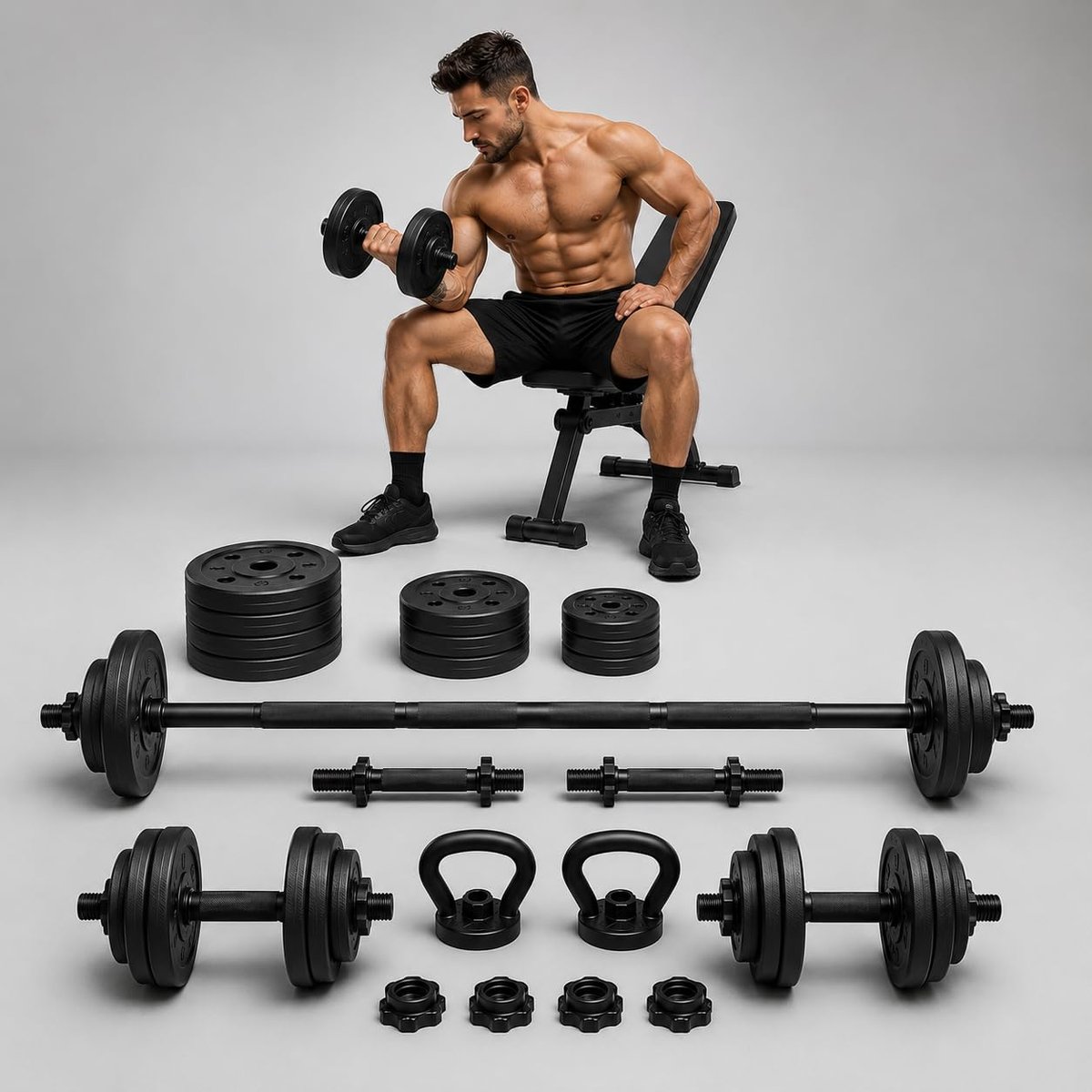 Kit de Halteres Ajustável 6 em 1 15kg com Barra Longa, Barra Curta, Kettlebell e Apoio para Flexões, Pesos Multifuncionais para Musculação e Treino Completo em Casa, Pegada Antiderrapante para Academia