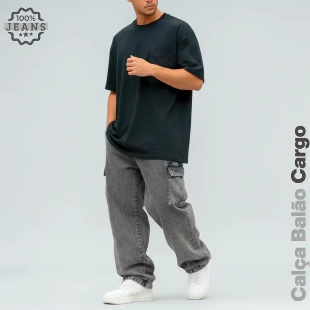 Calça Jeans Cargo Masculina Streetwear Preta Mescla 34 Ao 44