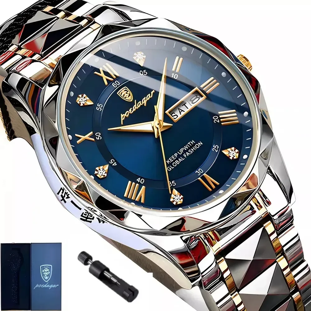 Relógio De Luxo Poedagar Masculino Original Old Money Aço Nf Prateado Azul-escuro