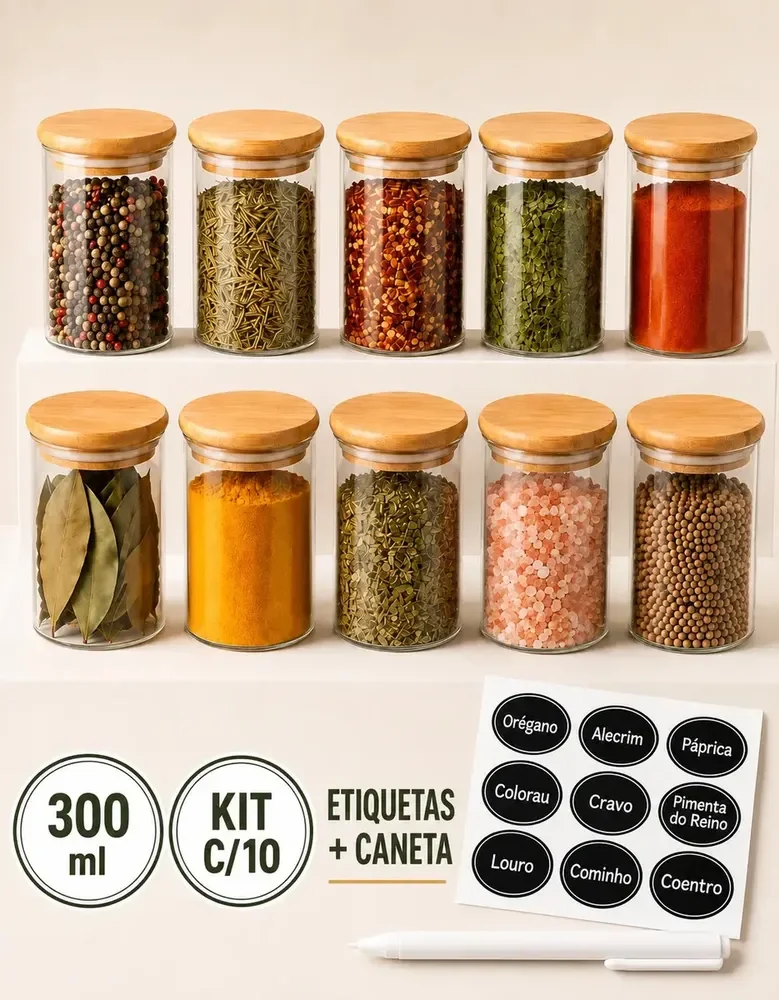 Porta-temperos Ame Cozinha Porta Temperos Bambu marrom om capacidade para 10 unidades, inclui 10 potes