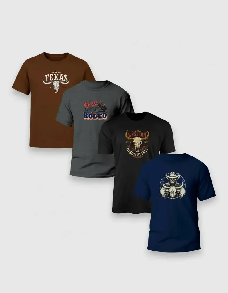 Kit 4 Country T-shirts Masculinas Texas Rodeo Western Cowboy Variável Texas Rodeio Peão Cowboy Farm Agro Txc P Estampa Localizada